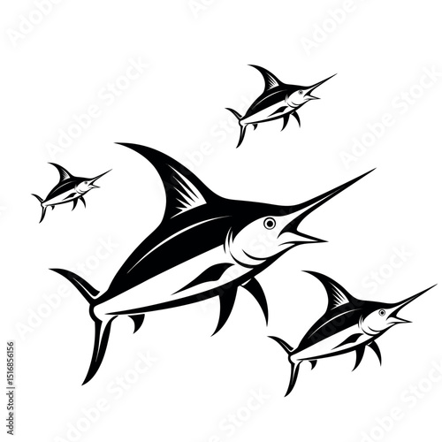 Set of black silhouette vector icons featuring various flying birds and swimming sea animals like fish, sharks, and dolphins