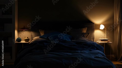 A tranquil bedroom scene features a neatly made bed with soft linens, warm lighting, and an inviting ambiance ideal for sleep