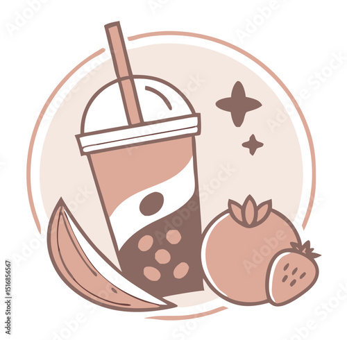 Sweet bubble tea with fruits illustration in earth tone colors