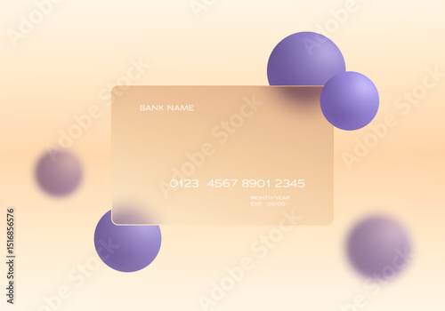 Credit card with purple spheres on a soft peach background. Image in the style of glass morphism.