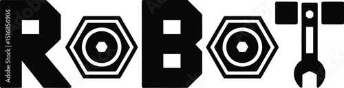 The word robot spelled out with geometric shapes and a wrench on a light gray background