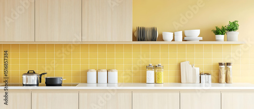 Light Wood Kitchen Cabinets With Yellow Tiles