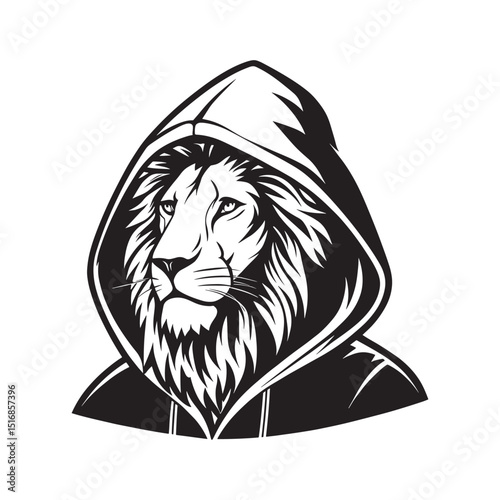 : Lion-head-in-hood---cut-out-outline-silhouette titled vector art illustration