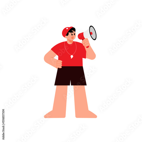 Lifeguard male character in a red-top black pants yelling through a megaphone vector Illustration