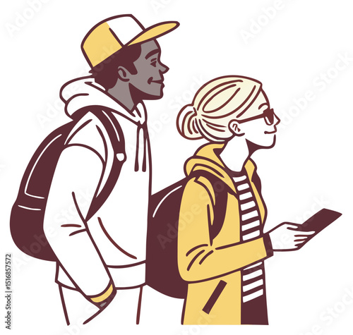 Traveling couple with backpacks looking towards a destination