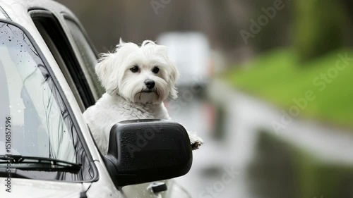A small white dog joyfully leans out of a car window, taking in the cool breeze and beautiful surroundings during rain
