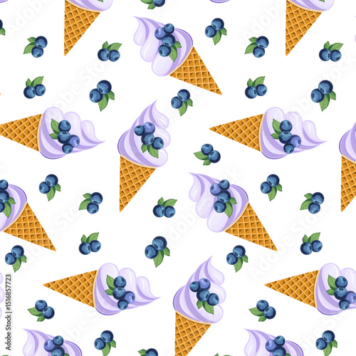 Ice cream and blueberries.Vector seamless pattern with ice cream and blueberries on transparent background.