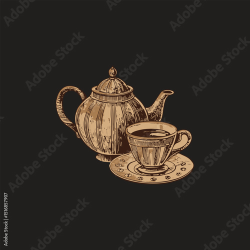 Teapot-and-cup--icon-in-retro-vintage-style---old-.