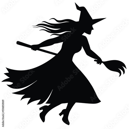 Black silhouette of a witch flying on her broomstick perfect for halloween celebrations and designs