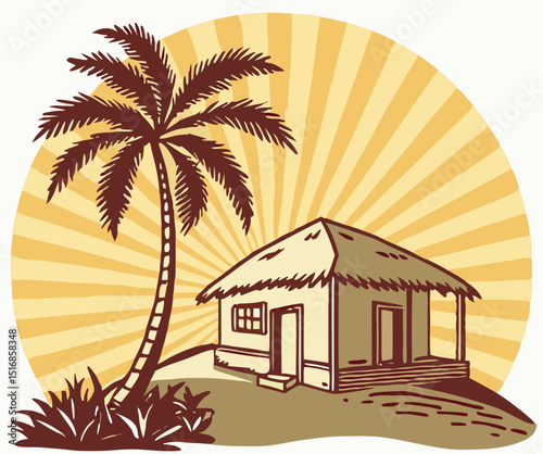 Tropical beach hut palm tree and sunny rays retro illustration