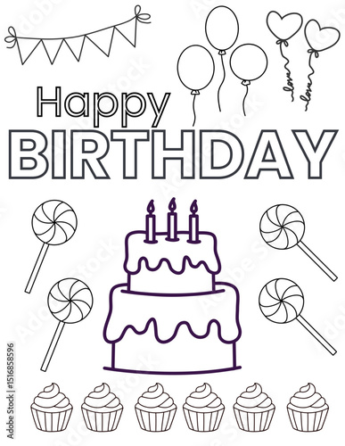 happy birthday coloring sheet with cake, sweets & balloons; black vertical outline for children party, easy to print; digital file; png, vector, jpg versions