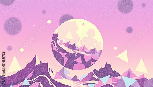 Pastel halftone geometric shapes form a vintage risograph collage of an alien planet Abstract grain texture, empty space, empty space, risograph