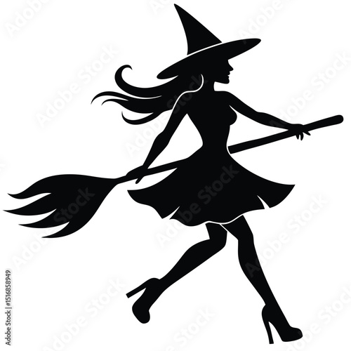 Elegant silhouette of a witch in a witch hat flying on a broom celebrating halloween