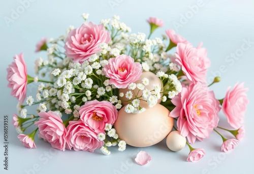 Pastel pink and white gypsophila and carnations, natural egg, spring Easter arrangement on light blue , tabledecor, photography photo