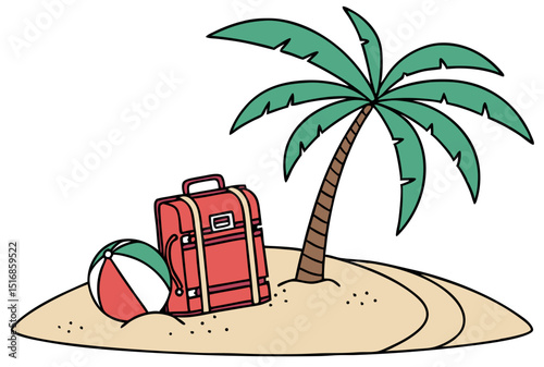 Tropical island scene with palm tree luggage and beach ball