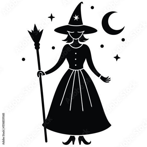 Silhouette illustration of a witch holding a broomstick with stars and a crescent moon