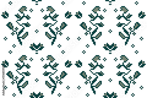 Flower pattern of geometric pixel arts. Green floral with abstract shape with concept of ethnic, motifs, color tone, vintage, boho, batik, tradition for textiles, texture, print, seamless, wrapping.