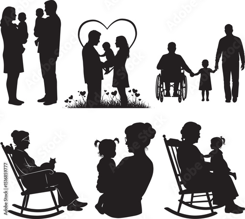 Family silhouettes with children and grandparents vector