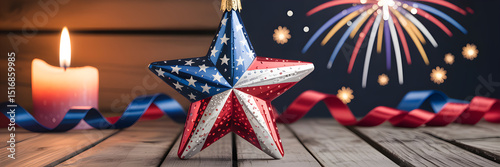 Patriotic Glittery Star Ornament with Fireworks and Candle on Rustic Wooden Background