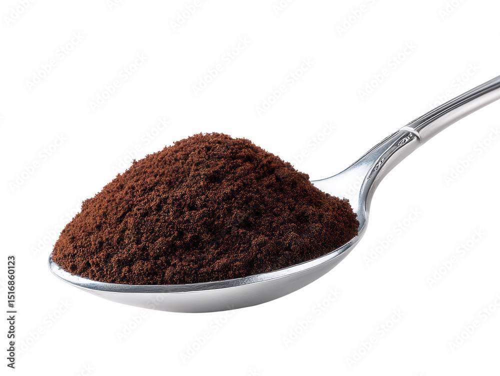 An isolated close-up shows a stainless steel spoon filled with dark, rich brown instant coffee granules on a bright white background for a clean presentation. An isolated close-up shows a stainless steel spoon filled with dark, rich brown instant coffee granules on a bright white background for a clean presentation.