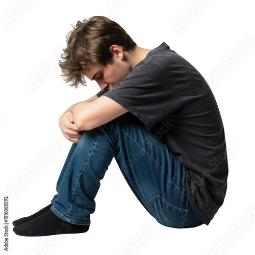 Sad teenager sitting alone isolated on transparent background