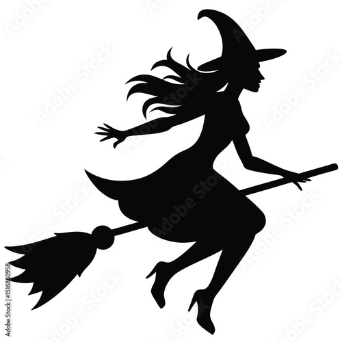 Silhouette of a witch flying on a broomstick for halloween holiday celebrations