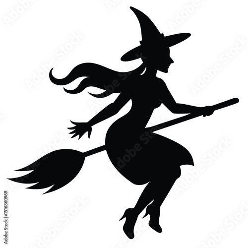 Silhouette of a witch flying on a broomstick for halloween or magical theme designs