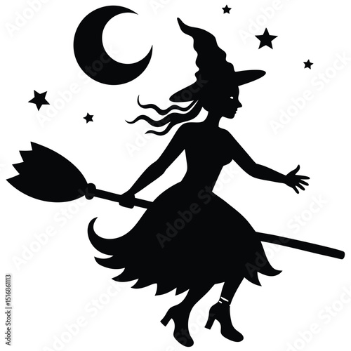 Silhouette of a witch flying on a broomstick under the night sky of halloween