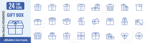 Gift box icon set. Contains icons as birthday gifts, valentine's gifts, Christmas gifts, wedding anniversary gifts and more. Vector illustration.