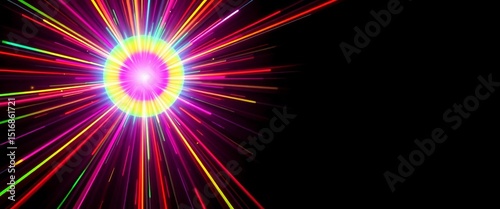 Radiant rainbow neon burst, glowing lines on black background, neon art, effect