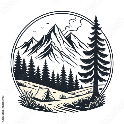 Rustic Adventure Badge Design – Nature-Inspired Graphic with Mountains, Forest, and Fire Pit Featuring “Nature Is My Therapy” Text – Hand-Drawn Vintage Look Vector