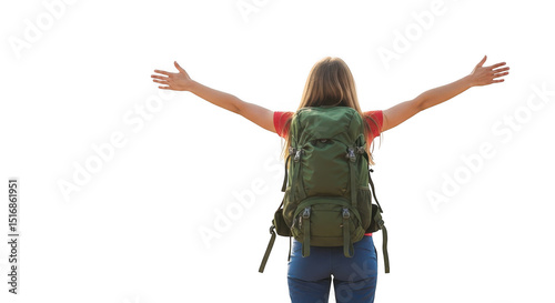 Backpacker woman with arms outstretched isolated on transparent background