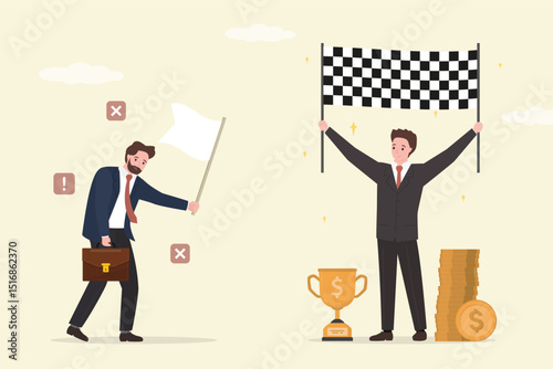 Winner and loser. sad businessman waving white flag. Happy winner with trophy and profit. Overcoming obstacles and win. Business competition. Give up on work and business.