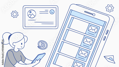 Illustration of a woman using a tablet with a phone showing email messages and a profile card