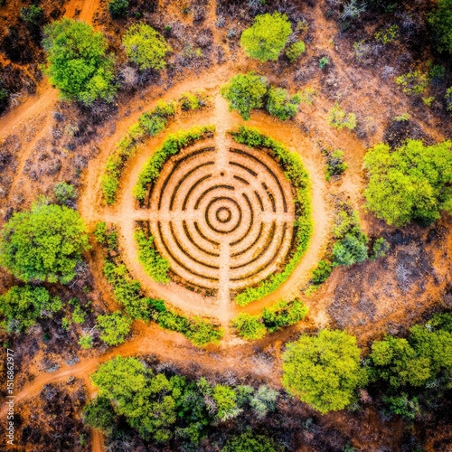 Circular labyrinth in a natural landscape.  Aerial view of a meticulously crafted circular path design, nestled within a ring of trees, set against a backdrop of reddish-brown earth