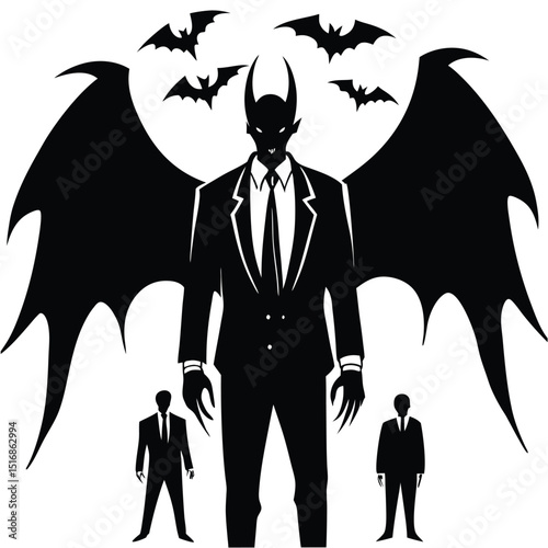 A sinister business demon with large wings in a suit surrounded by bats