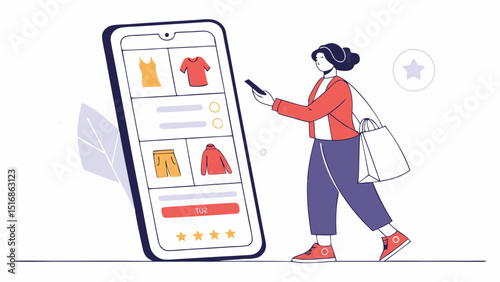 Woman shopping online using her smartphone with clothes displayed on the mobile application interface