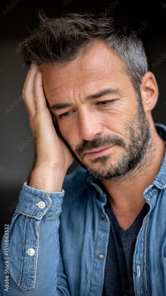 Obraz premium Man contemplates with hand on head