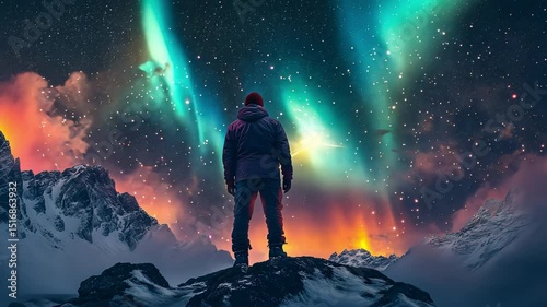Man on Mountain Top Shining Light into Night Sky with Aurora and Snow Peaks