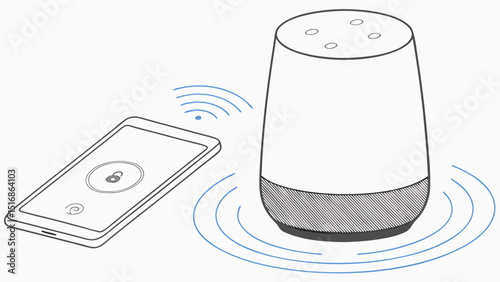 Illustration of a smart speaker connected to a smartphone via wireless communication signal range