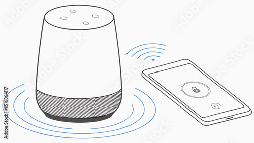 Illustration of a smart speaker and a smartphone connected wirelessly on a white background scene