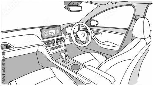 Interior view of a car showcasing the dashboard steering wheel and front seats in a detailed line drawing
