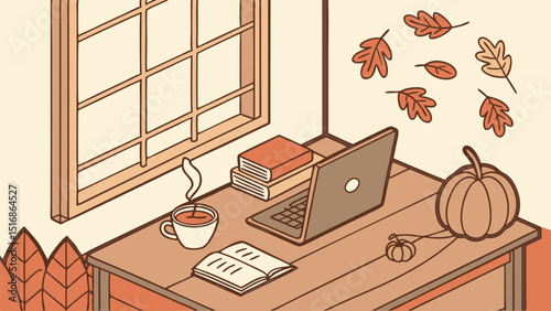 Cozy autumn scene with desk, laptop, books, coffee, pumpkin, and falling leaves near a window indoors