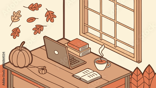 Autumn themed desk scene with laptop, books, pumpkin, and leaves falling near a window view indoors