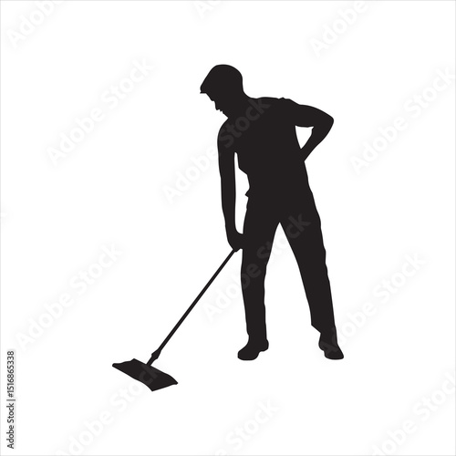 Janitor with mop and bucket silhouette vector illustration