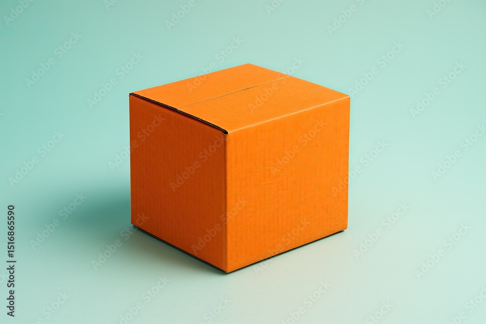 Fototapeta premium Orange cardboard box on an light green surface. Closed container