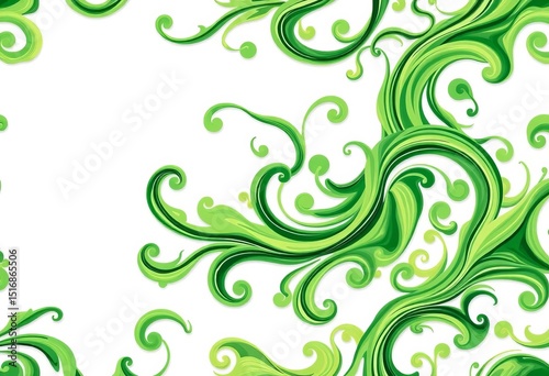 Seamless swirling green floral waves on white background, element, wallpaper