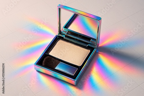 Iridescent makeup palette reflecting rainbow light on surface.