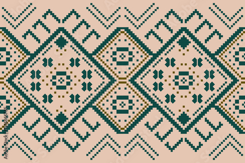 Ethnic pattern of abstract geometric green tone on soft brown background. Seamless motifs with concept of diamond shape, aztec, pixel, vintage, fashion for wrapping, wallpaper, texture, textile, decor