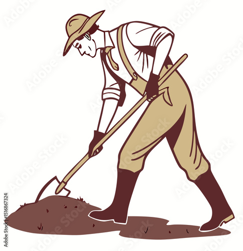 Vintage style illustration of a gardener digging with a hoe